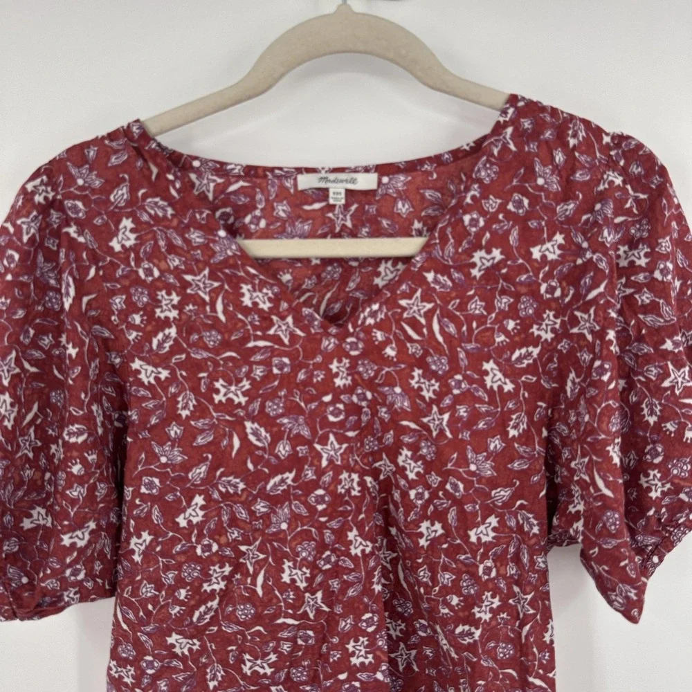 Madewell Shirt Womens XXS Floral Puff‎ Sleeve Boho Top Lightweight Blouse
